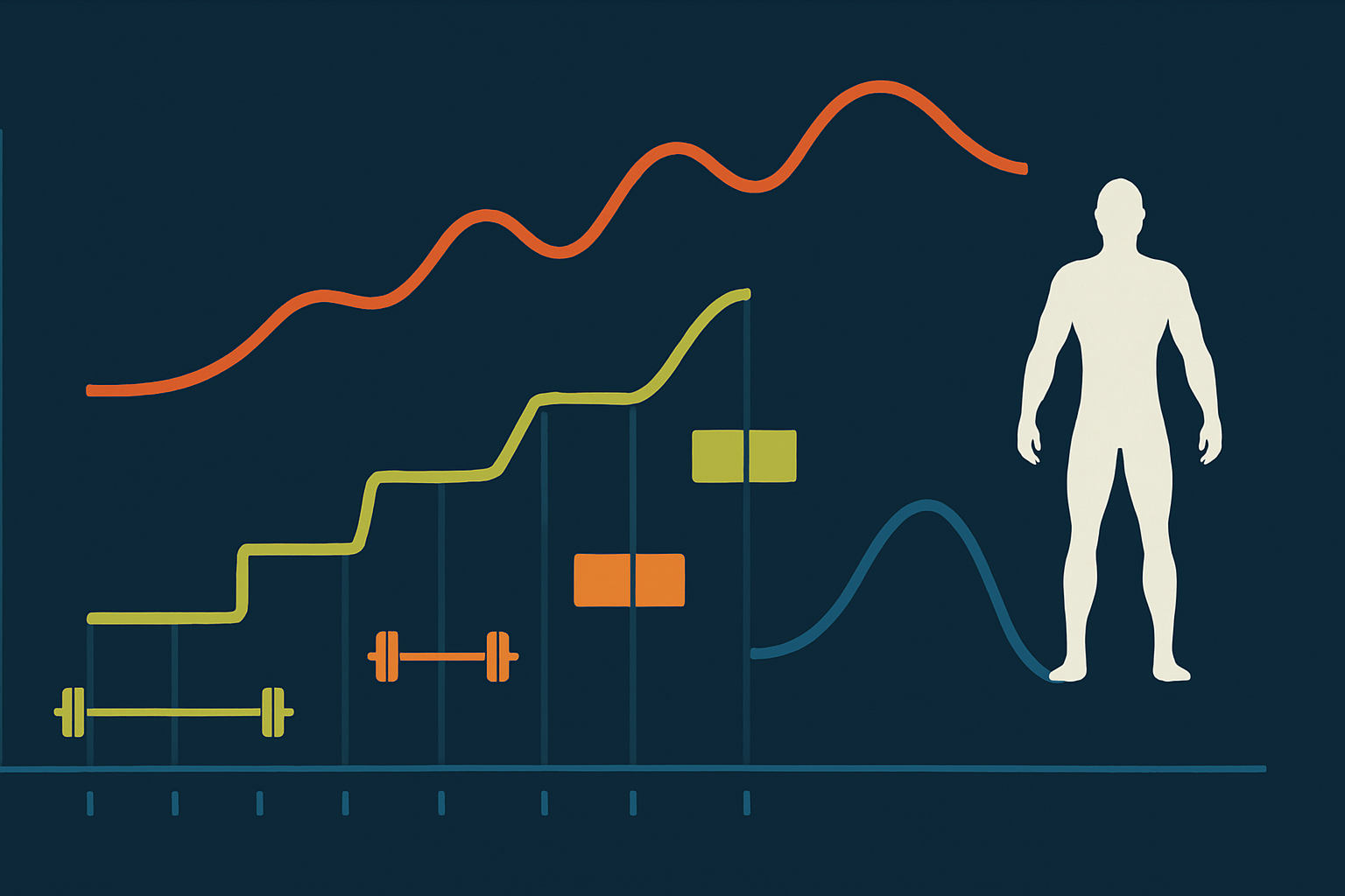 Visual timeline showing volume and intensity progression with barbells and body adaptation during an 8 week weight training program.